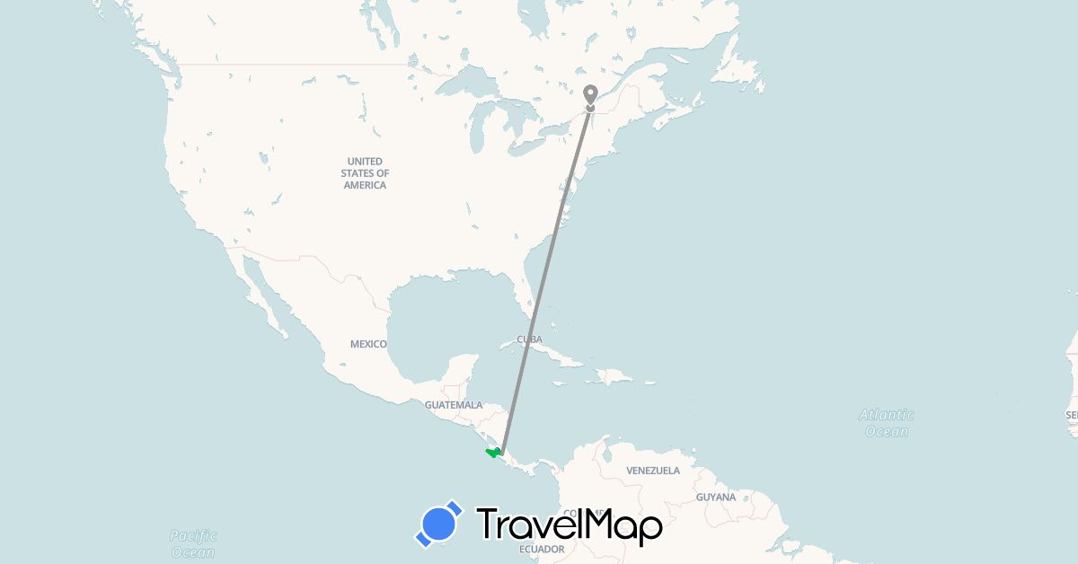 TravelMap itinerary: driving, bus, plane, boat in Canada, Costa Rica (North America)